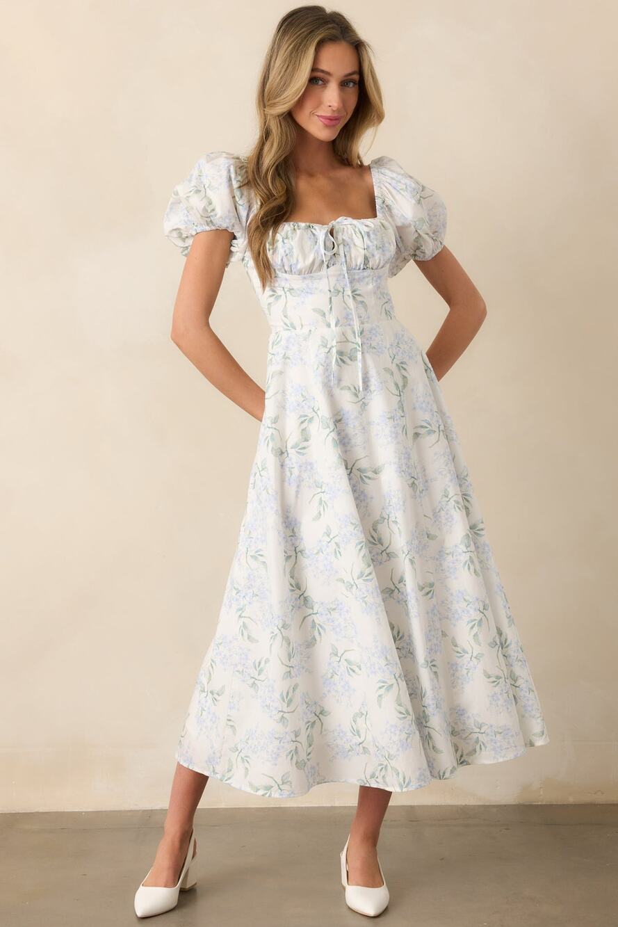 Petal & Pup Cottagecore Floral Milkmaid Midi Dress Puff Sleeve Sweetheart Small